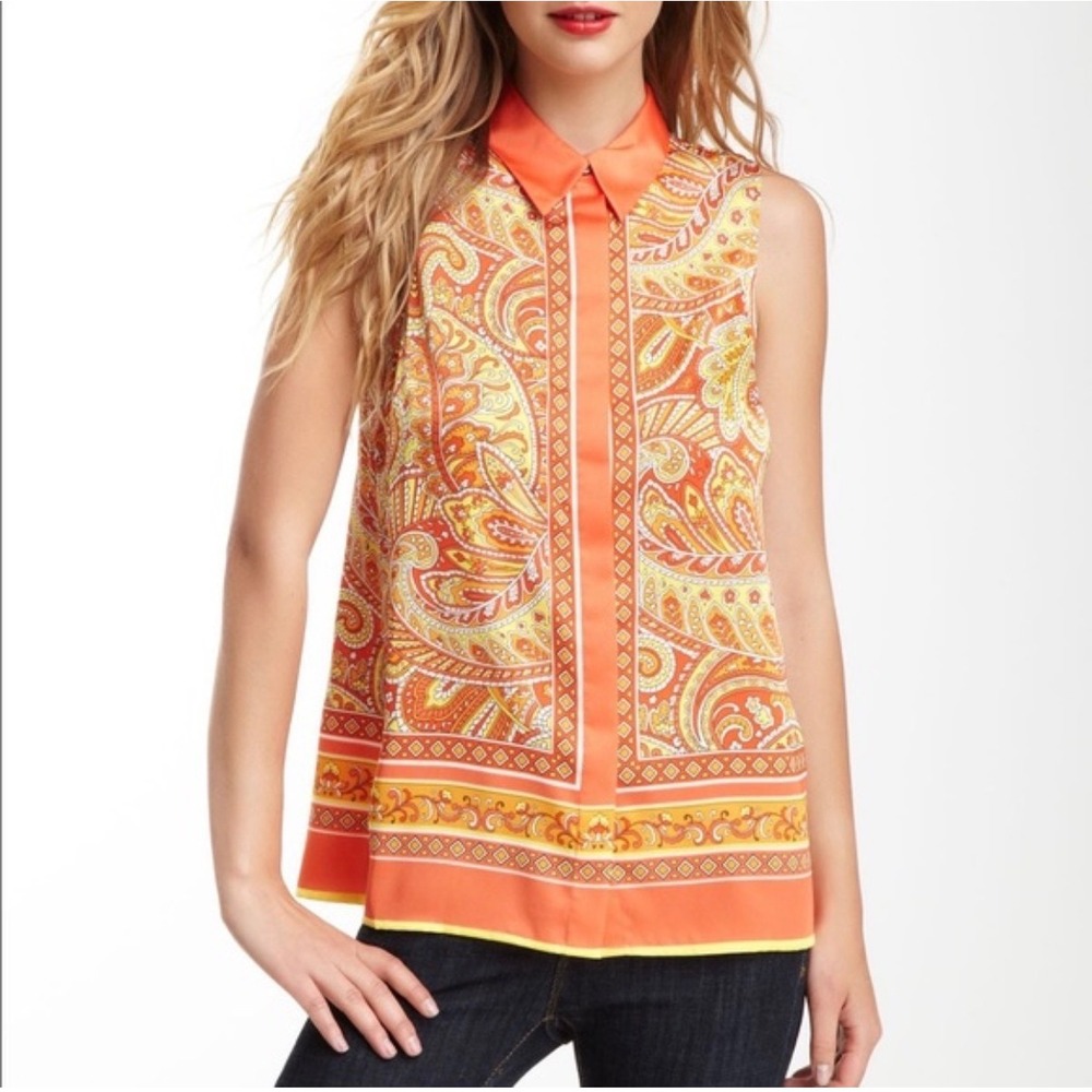 NWT Vince Camuto Fiery Orange Paisley Blouse Sleeveless Collared Women's XS